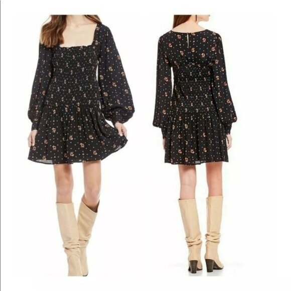 NWT Free People Two Faces Mini Dress black combo Size S boho whimsy goth fairy